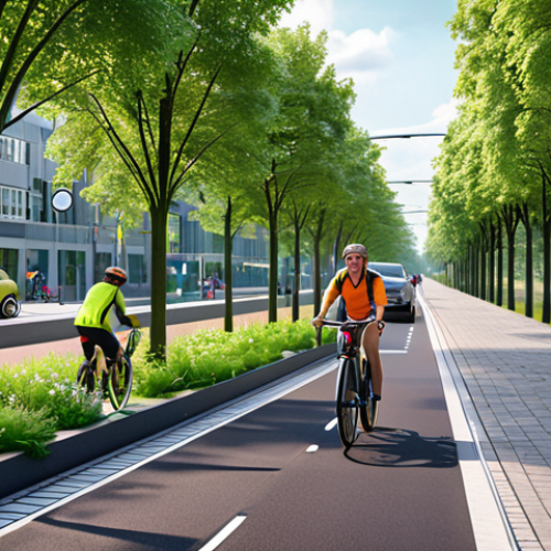 Home 15 **
"A futuristic Dutch cityscape featuring a vibrant, dedicated bike path. Self-driving cars smoothly navigate alongside cyclists, with integrated sensors and smart lighting enhancing safety. Greenery lines the bike path, showcasing sustainability. Incorporate elements of Dutch design and architecture. Focus on a bright, optimistic atmosphere."
**