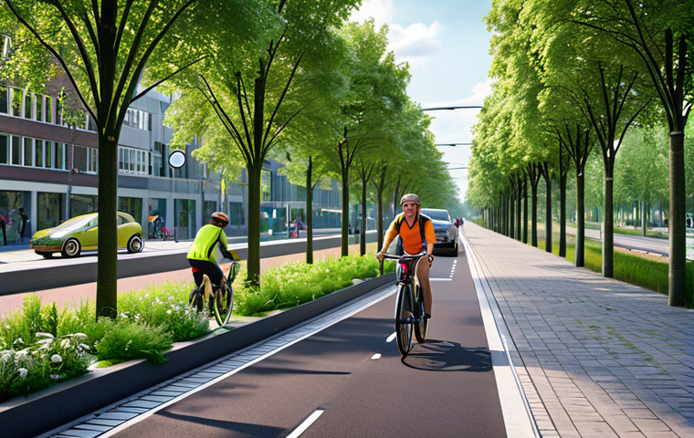 **
"A futuristic Dutch cityscape featuring a vibrant, dedicated bike path. Self-driving cars smoothly navigate alongside cyclists, with integrated sensors and smart lighting enhancing safety. Greenery lines the bike path, showcasing sustainability. Incorporate elements of Dutch design and architecture. Focus on a bright, optimistic atmosphere."
**