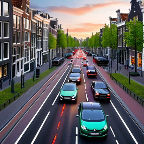 Home 14 ** "Dynamic Amsterdam intersection. Smart traffic lights adjust in real-time to optimize traffic flow, displaying green and red phases adapting to the number of cars detected by sensors. Modern self-driving cars and cyclists navigate the intersection smoothly. Background: canals and traditional Dutch architecture subtly blurred."
**