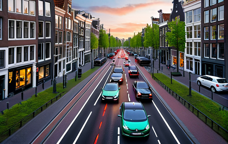 ** "Dynamic Amsterdam intersection. Smart traffic lights adjust in real-time to optimize traffic flow, displaying green and red phases adapting to the number of cars detected by sensors. Modern self-driving cars and cyclists navigate the intersection smoothly. Background: canals and traditional Dutch architecture subtly blurred."
**